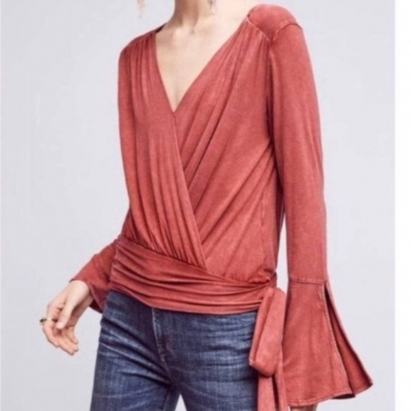 Anthropologie Red  Deletta Sirpo Faux Wrap Top  Small - Picture 1 of 8